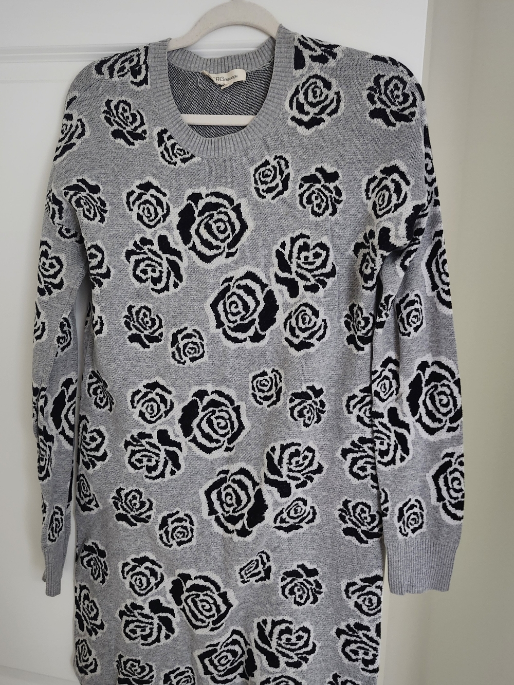 BCBGeneration Grey and Black Rose Jacquard Crewneck Sweater